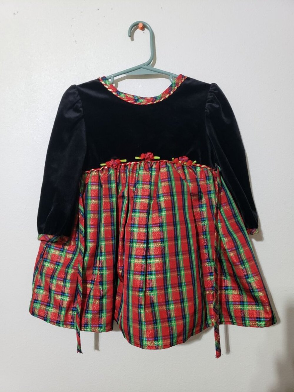 Rose Cottage holiday, black velour top, plaid bottom dress, size 2T